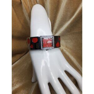 Vintage Geneva Quartz Watch Featuring Silvertone & Red Enamel Cuff Band with Chr